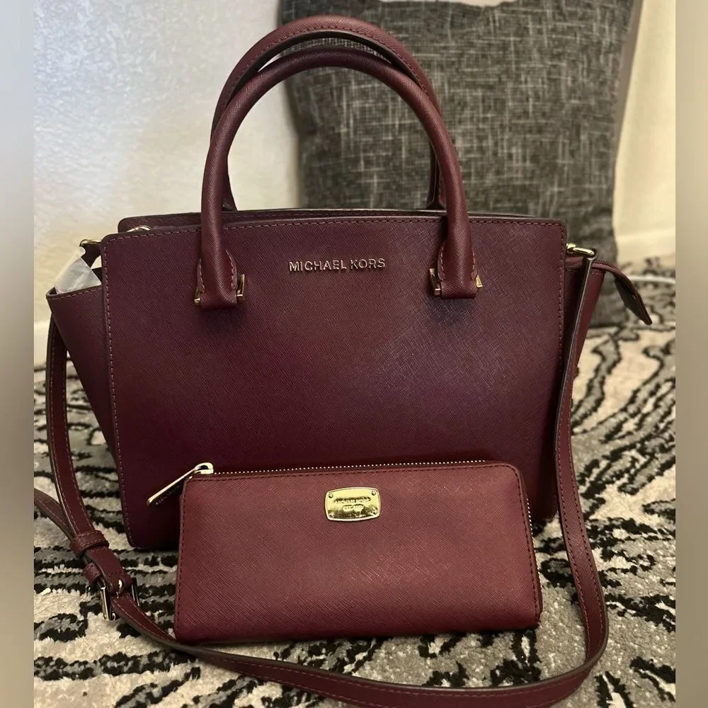 Michael Kors Burgundy Salma Medium Handbag and Wallet Set